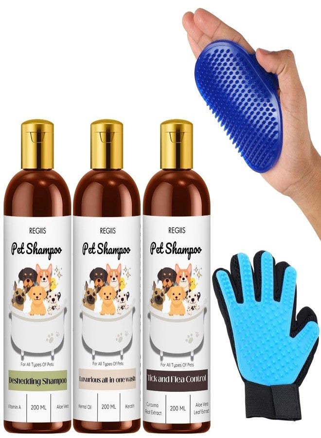 مجموعة شامبو ريجيس للحيوانات الأليفة مع فرشاة وقفاز للعناية، مجموعة شامبو للكلاب، لإزالة الشعر الزائد، غسيل شامل، مكافحة القراد والبراغيث، 200 مل، عبوة من 5 قطع - Image 1